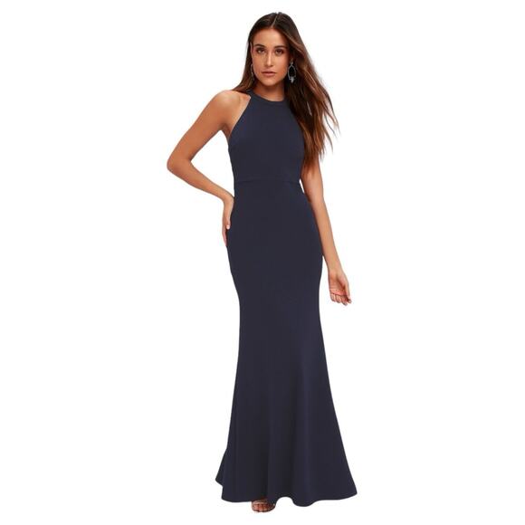 Lulus Dress Womens S Joella Halter Lace Back Formal Sleeveless Maxi Navy Blue - Picture 15 of 16